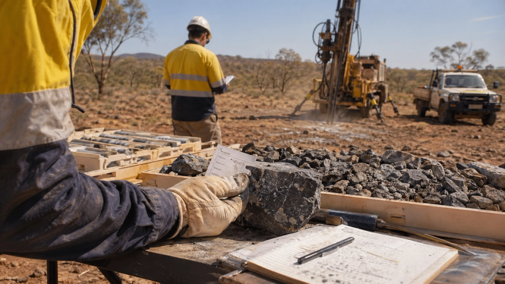 The image depicts a mineral exploration site with geologists actively conducting fieldwork. One worker is analyzing rock samples while another is documenting findings, with drilling equipment visible in the background.