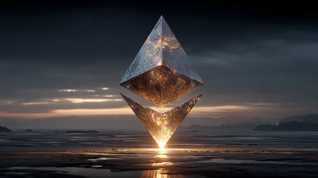 The image depicts a futuristic, large, glowing Ethereum logo positioned in a dramatic landscape. It features shimmering surfaces reflecting light, surrounded by a moody sky and distant mountains.