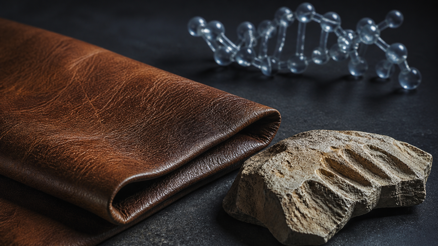 The image showcases a brown leather textile laid out next to a rugged stone and a translucent molecular structure model. The contrasting textures highlight the relationship between natural and synthetic materials.