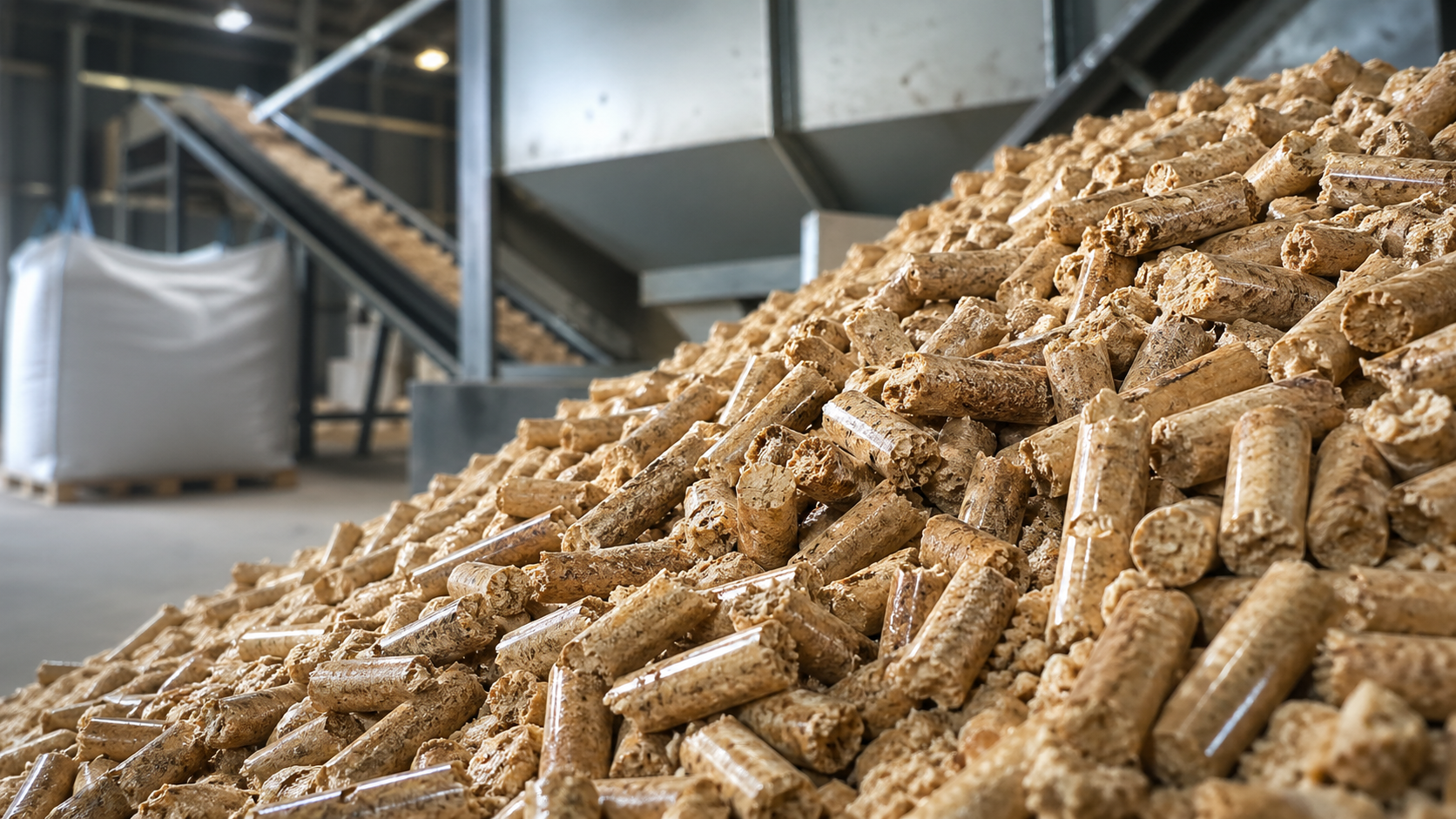 The image depicts a large pile of wooden pellets stacked in a warehouse or industrial facility. A conveyor belt is visible in the background, suggesting a process of material handling or transportation.