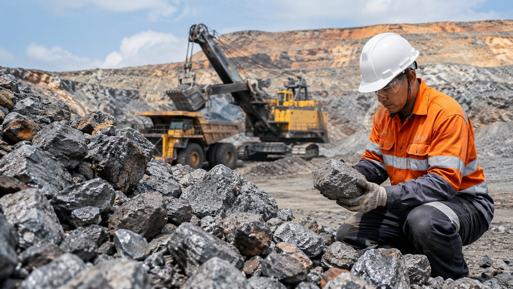 A miner inspects a piece of rock in a large open-pit mining site. Heavy machinery, including a large excavator and dump trucks, are visible in the background, indicating active mineral extraction. Zinc ore