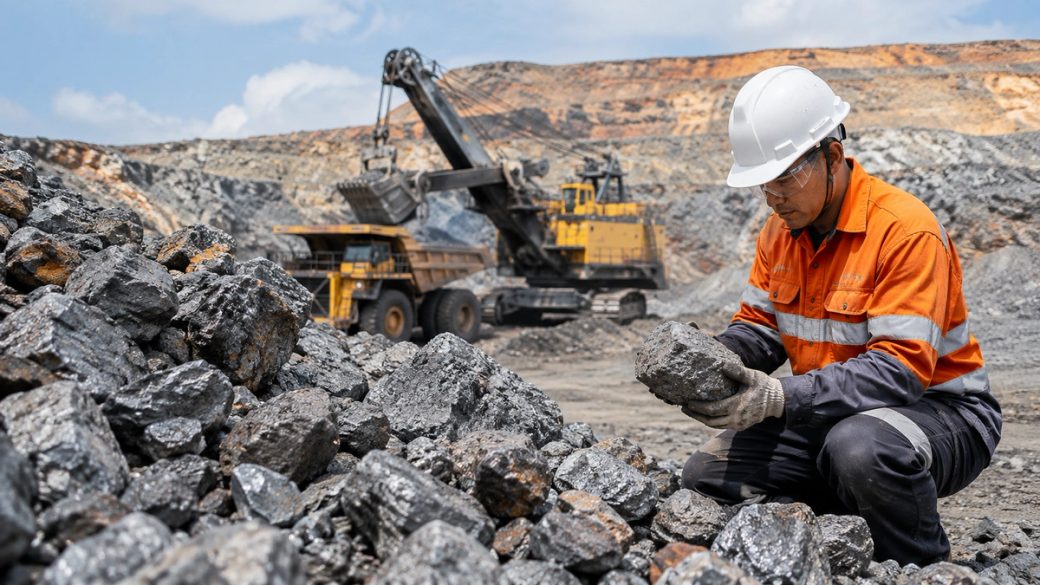 A miner inspects a piece of rock in a large open-pit mining site. Heavy machinery, including a large excavator and dump trucks, are visible in the background, indicating active mineral extraction. Zinc ore