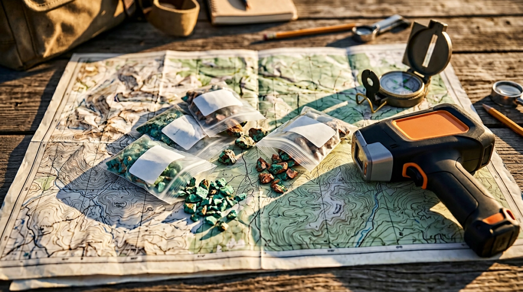 The image features a top-down view of a rustic wooden table with a detailed topographic map, several bags containing minerals, and a handheld scanner lying alongside a compass and writing tools. The setting suggests an outdoor exploration or geological survey activity.
