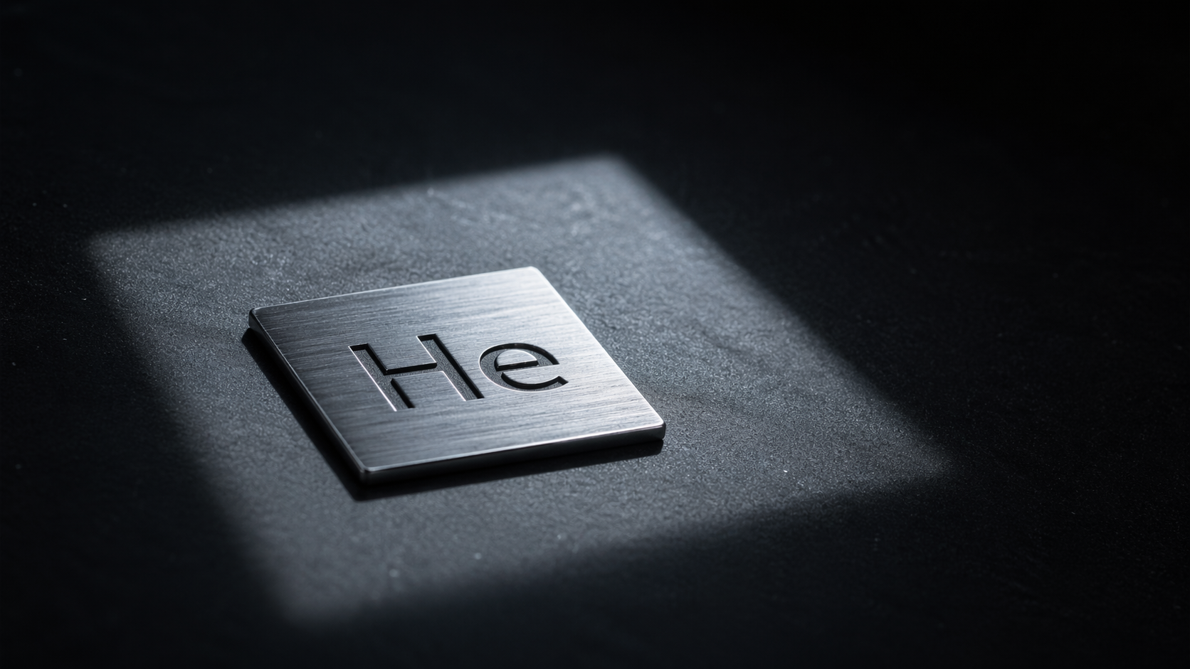 The image features a metallic square with the chemical symbol 'He', representing helium, illuminated by a beam of light against a dark background. This creates a striking visual of the element used in various scientific and industrial applications.
