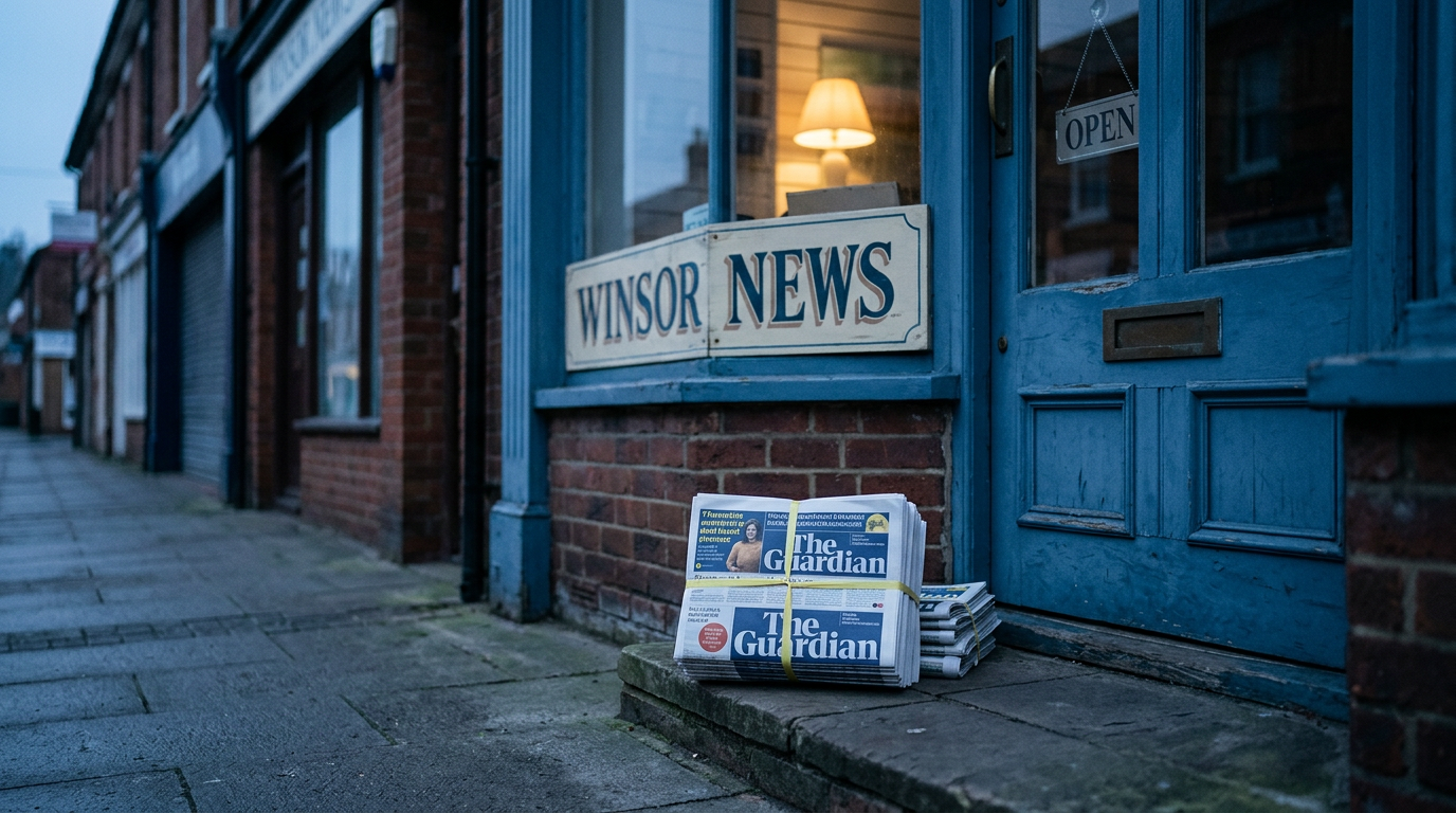 The image features a stack of Guardian newspapers neatly arranged on the doorstep of a British newsagent named 'Windsor News' just before dawn. The soft glow from a lamp inside the shop illuminates the entrance, creating a serene atmosphere that highlights the importance of news distribution.