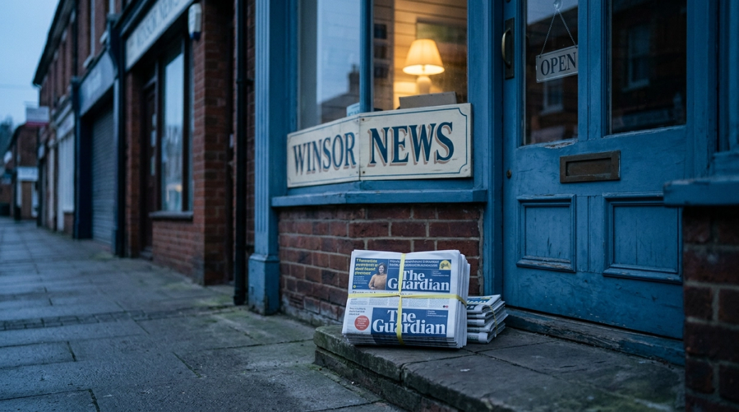 The image features a stack of Guardian newspapers neatly arranged on the doorstep of a British newsagent named 'Windsor News' just before dawn. The soft glow from a lamp inside the shop illuminates the entrance, creating a serene atmosphere that highlights the importance of news distribution.