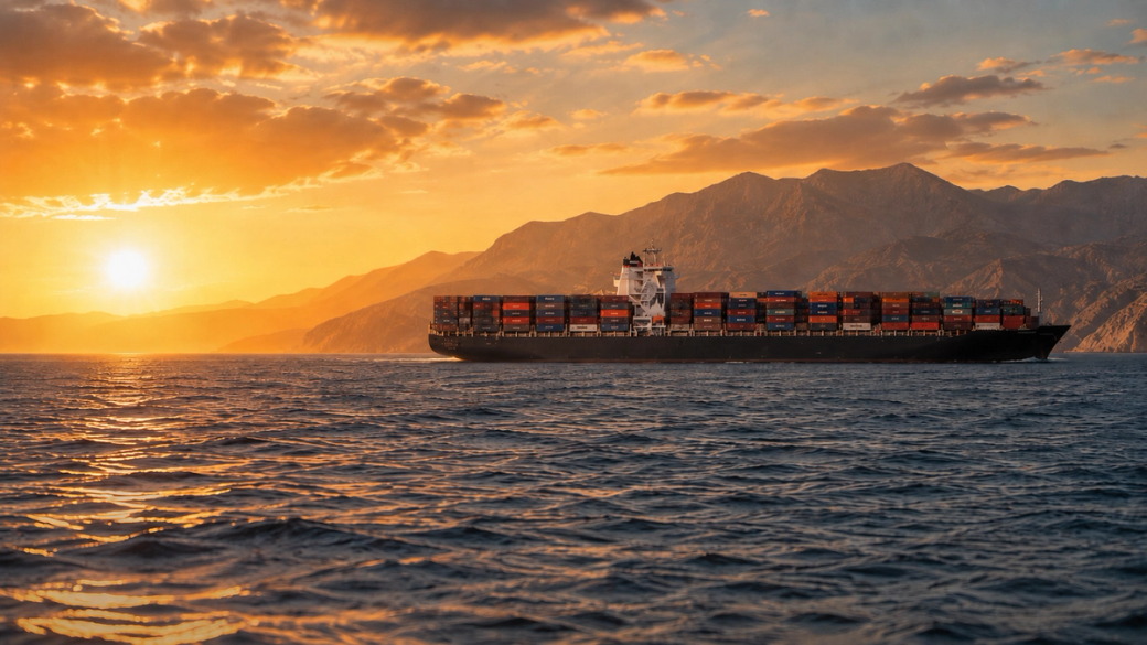 A container ship is sailing on calm water during sunset, with a mountainous landscape in the background. The sky is beautifully illuminated with warm tones, creating a serene atmosphere.