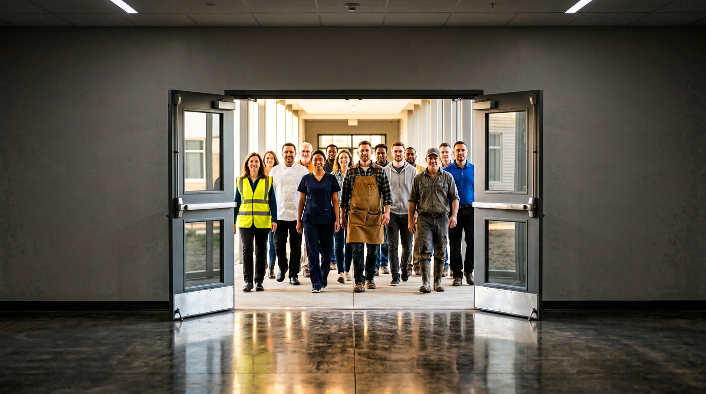 The image shows a diverse group of individuals approaching a well-lit room through wide-open double doors. Their mixed clothing reflects various trades, including high-visibility vests, scrubs, chef jackets, and work aprons, creating a collage of professional identities as they move toward the inviting threshold.