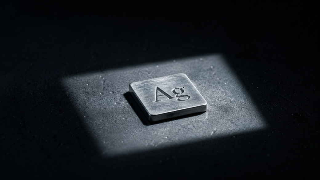 The image features a silver square with the chemical symbol 'Ag', representing silver, illuminated by a narrow beam of light against a dark background. This creates a dramatic contrast emphasizing the element's significance and value.