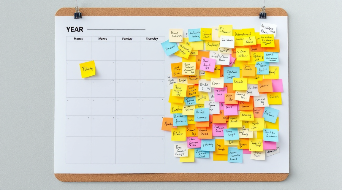 The image depicts a wall-mounted year planner, prominently featuring a cork board filled with colorful sticky notes. The left side shows an organized array of tasks with clearly written notes, while the right side presents a chaotic tangle of overlapping notes, indicating a timeline filled with deferred milestones and aspirational goals. The contrast between the tidy left half and the congested right half visually tells the story of a year that began with clear intentions but devolved into a scramble as deadlines approached.