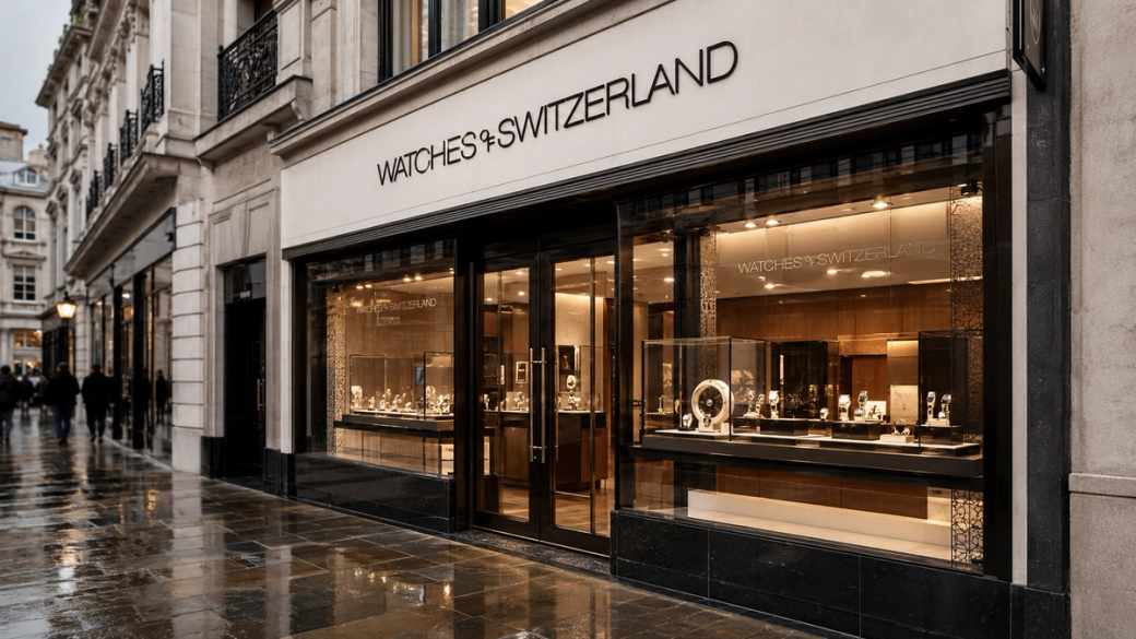 The image depicts a luxury watch shop named 'Watches of Switzerland' located on a city street. The storefront features large glass windows showcasing various high-end watches, with people walking past in the rain.