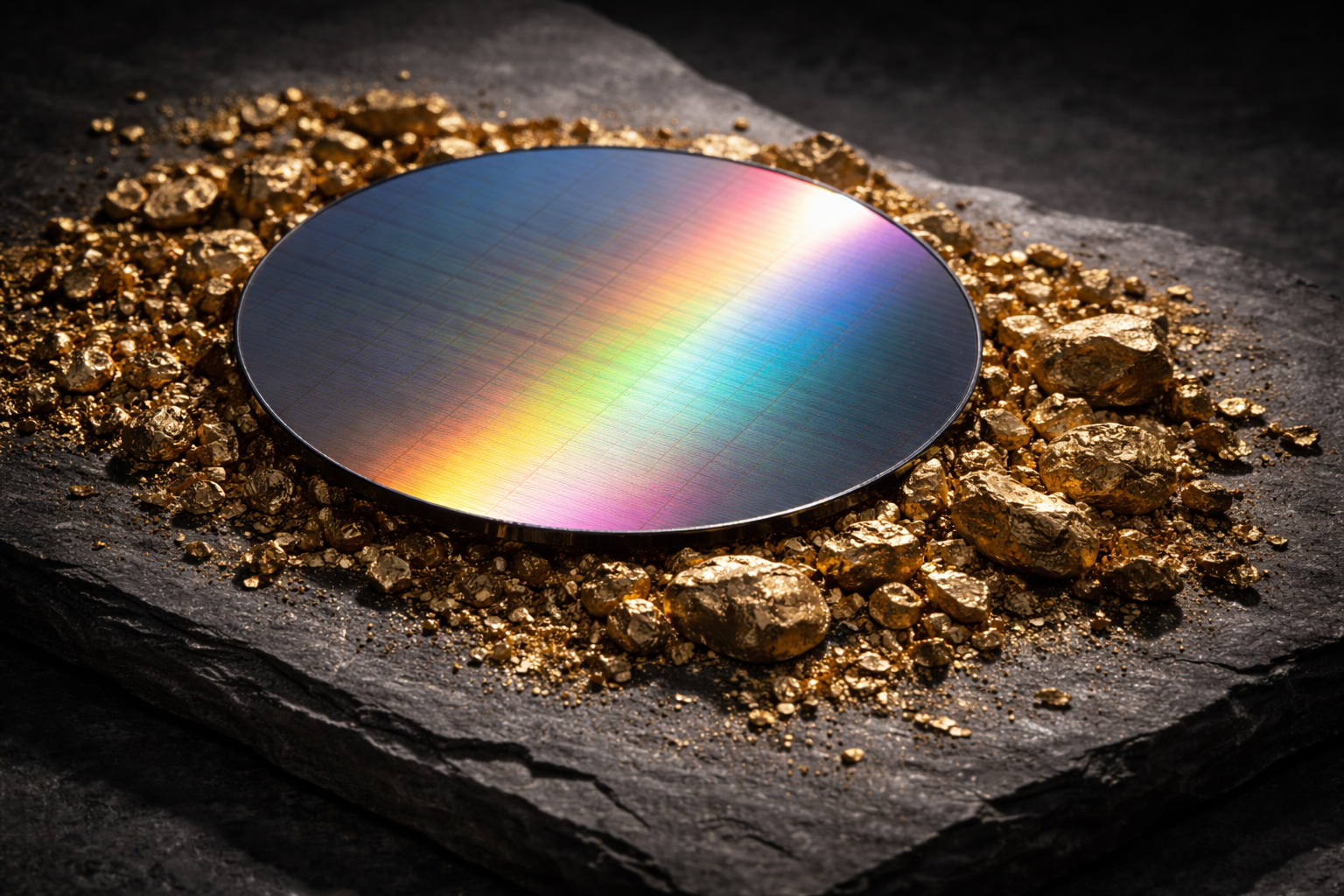 The image showcases a circular silicon wafer resting on a bed of gold nuggets and shiny gold dust. The surface of the wafer reflects a spectrum of colors, indicating its polished state.