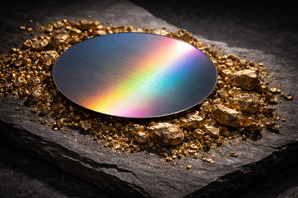 The image showcases a circular silicon wafer resting on a bed of gold nuggets and shiny gold dust. The surface of the wafer reflects a spectrum of colors, indicating its polished state.