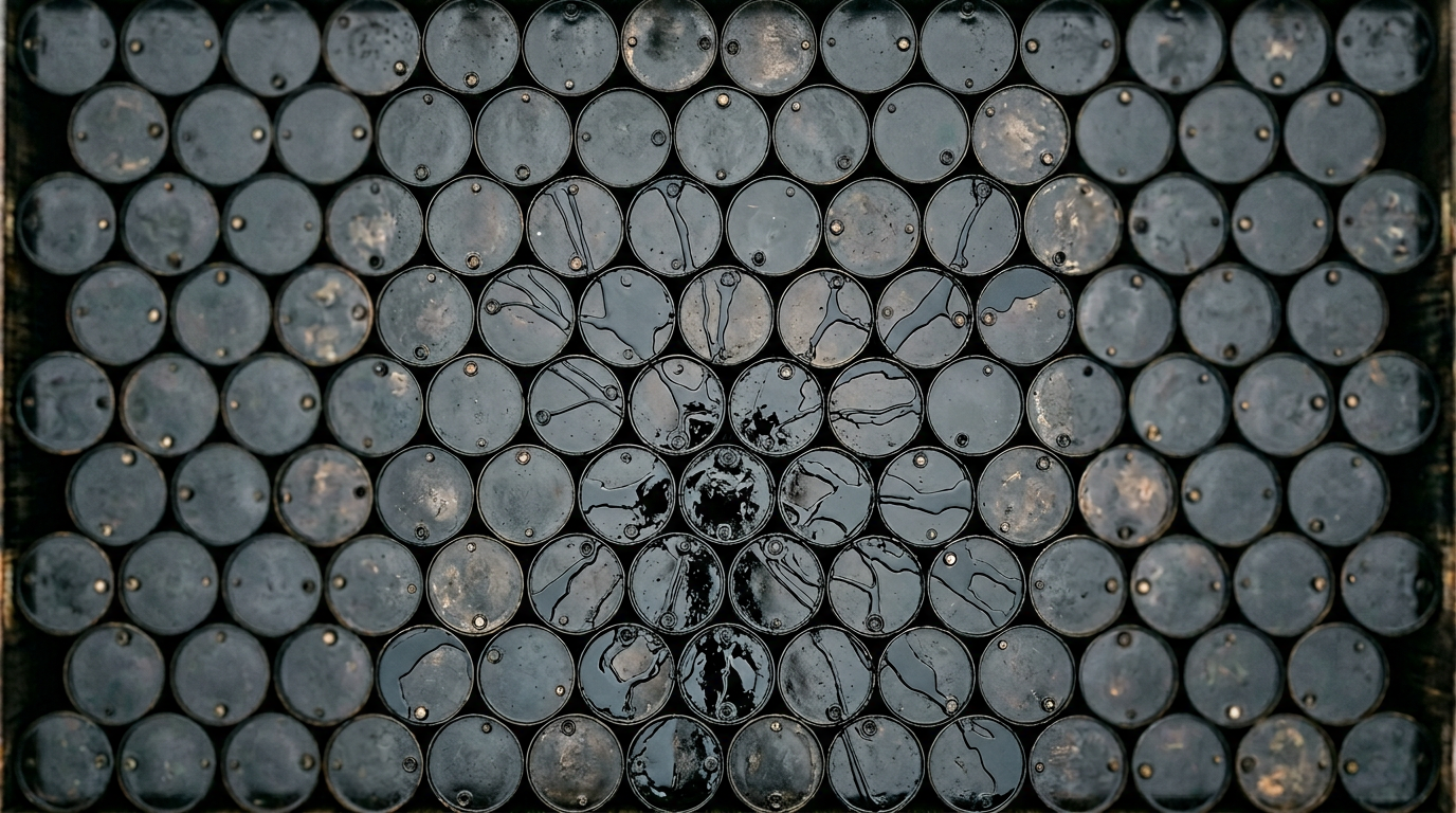 The image showcases a tightly packed arrangement of oil drums, all filled to capacity, resembling a black industrial surface. Crude oil overflows from the rims of the drums, creating a network of glossy tributaries that connect them, evoking a sense of surplus and market saturation.