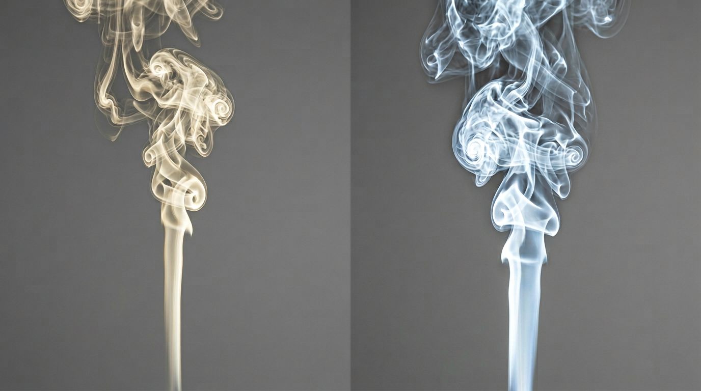 The image features two distinct columns of smoke rising against a seamless mid-grey background. On the left, a warm, yellowed off-white cigarette smoke is depicted in a smooth laminar flow that transitions to turbulent curls, while the right showcases a denser, cooler, and whiter vapour that expands rapidly before dissipating, highlighting their contrasting characteristics in a clinical comparison.