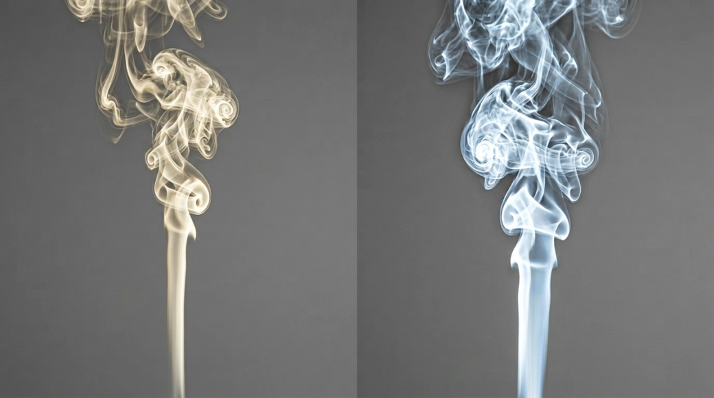 The image features two distinct columns of smoke rising against a seamless mid-grey background. On the left, a warm, yellowed off-white cigarette smoke is depicted in a smooth laminar flow that transitions to turbulent curls, while the right showcases a denser, cooler, and whiter vapour that expands rapidly before dissipating, highlighting their contrasting characteristics in a clinical comparison.