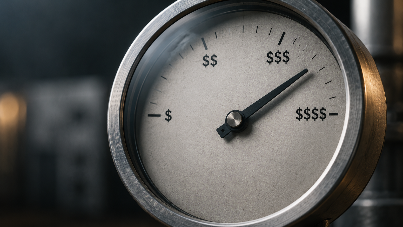 The image features a close-up of a vintage pressure gauge with dollar signs instead of numbers on its face. The gauge suggests a focus on finance and monetary values, highlighting the relationship between pressure and currency.
