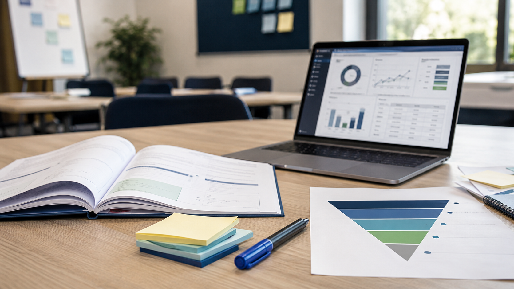 An office workspace featuring a laptop displaying data analytics along with various documents and stationery items. The environment is well-lit, suggesting a collaborative setting focused on business analysis.