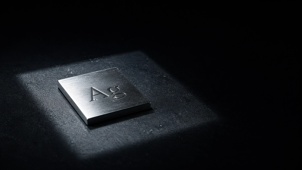 The image features a shiny metal plate embossed with the chemical symbol 'Ag', representing silver. It is set against a dark background, illuminated by a narrow beam of light, highlighting the reflective surface of the metal.
