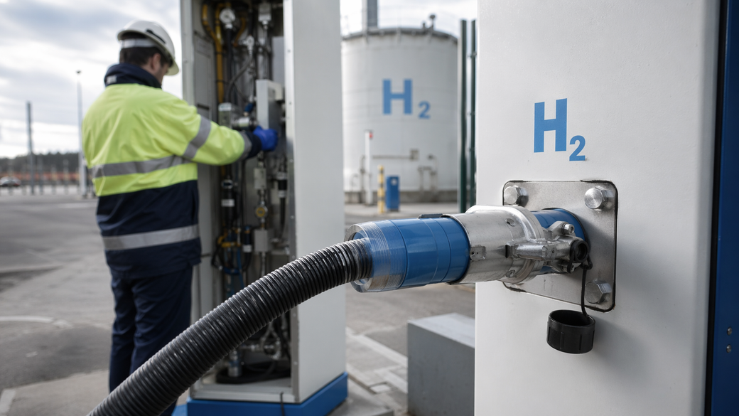 A worker in a safety helmet and high-visibility clothing is preparing to refuel a hydrogen vehicle at a hydrogen fueling station. The fueling infrastructure is visibly marked with 'H2', indicating the presence of hydrogen as the fuel source.