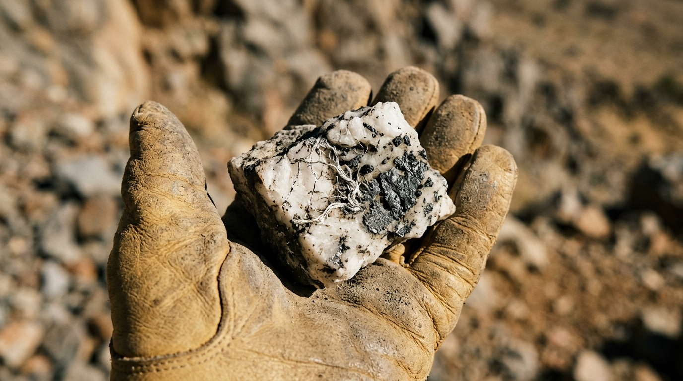 The image shows a geologist's gloved hand holding a fresh rock sample that displays bright native silver with wire-like metallic threads, alongside tarnished grey-black argentite embedded in a white calcite vein. The specimen's metallic luster is accentuated by hard sunlight, while the background remains softly focused, enhancing the tactile quality of the geological find.