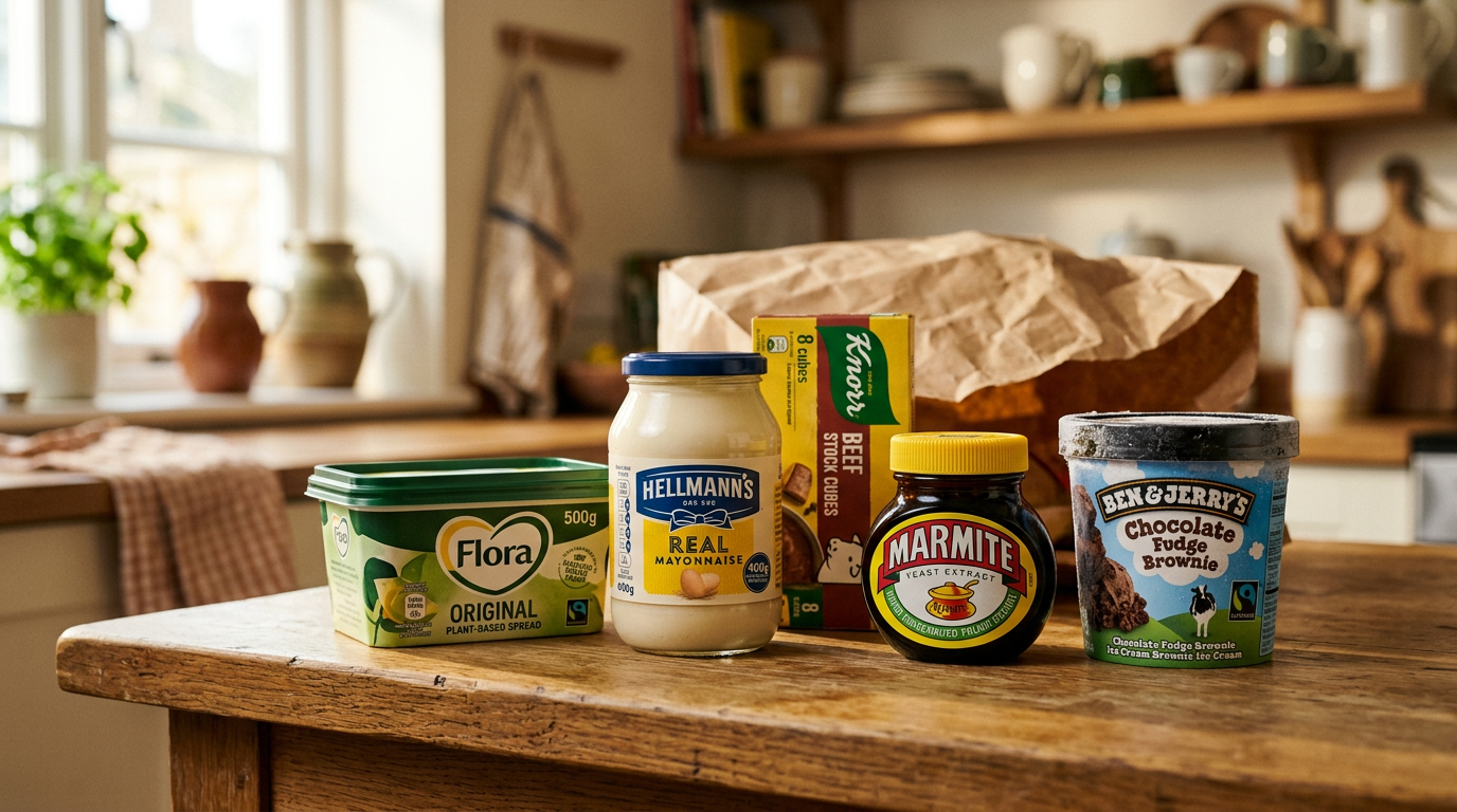 The image features a curated display of various Unilever food brands on a warm wooden kitchen surface. A tub of Flora spread, a bottle of Hellmann's mayonnaise, a jar of Marmite, a box of Knorr stock cubes, and a tub of Ben & Jerry's Chocolate Fudge Brownie are arranged naturally, suggesting a recent grocery unpacking. The warm afternoon light enhances the domestic feel, with condensation visible on the dessert tub.