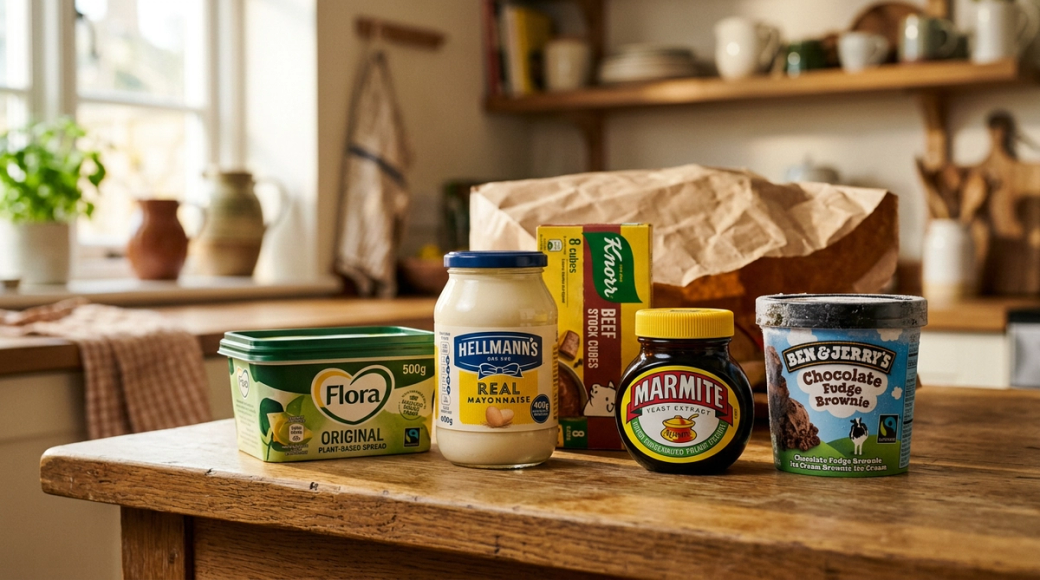 The image features a curated display of various Unilever food brands on a warm wooden kitchen surface. A tub of Flora spread, a bottle of Hellmann's mayonnaise, a jar of Marmite, a box of Knorr stock cubes, and a tub of Ben & Jerry's Chocolate Fudge Brownie are arranged naturally, suggesting a recent grocery unpacking. The warm afternoon light enhances the domestic feel, with condensation visible on the dessert tub.