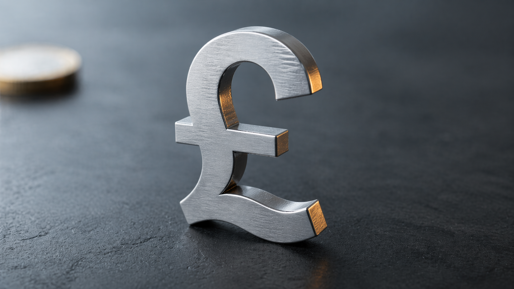The image shows a metallic pound sterling symbol prominently displayed against a dark background. A blurred coin is visible in the upper left corner, adding context related to currency.