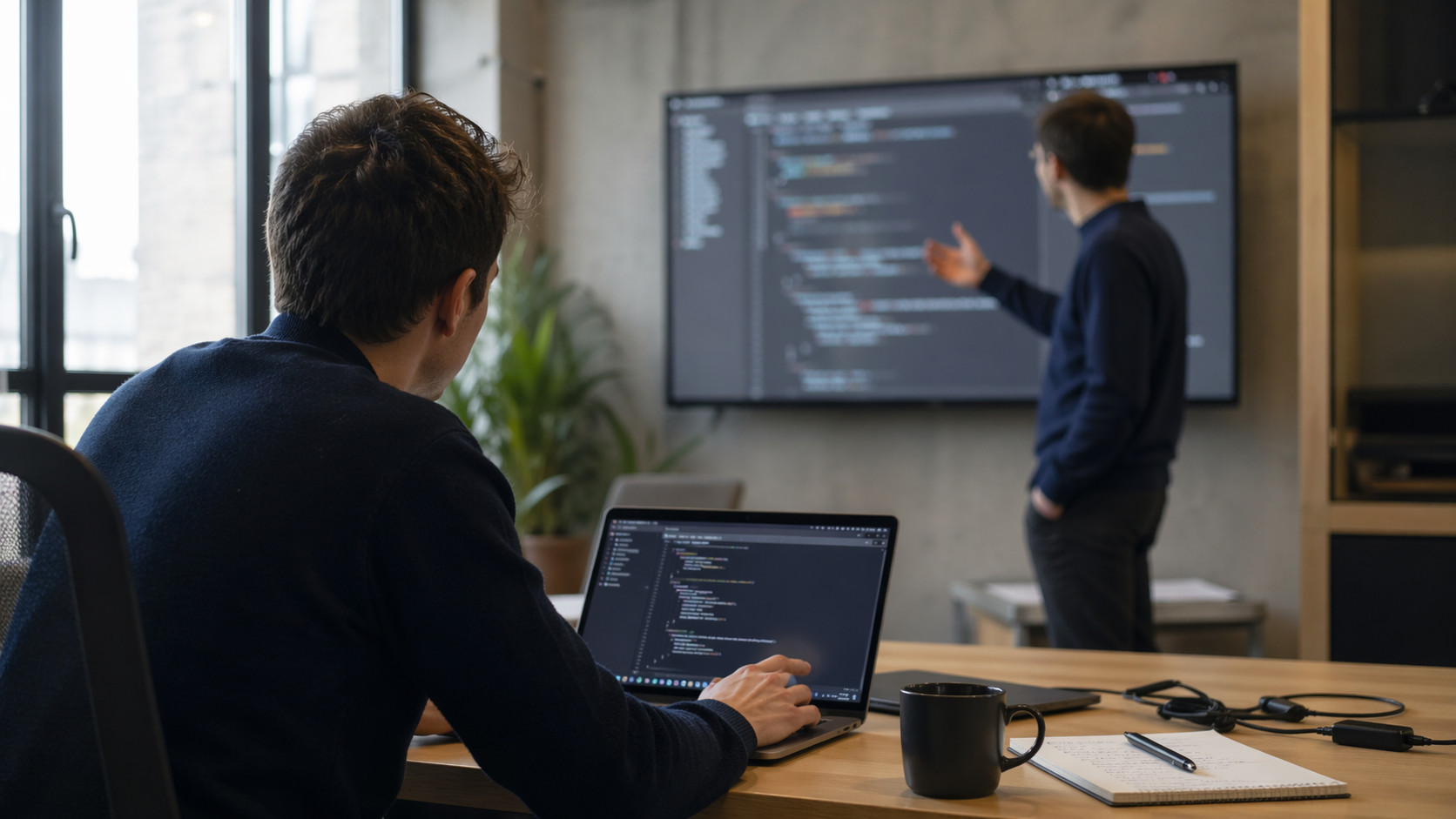 The image shows two individuals in a modern office setting. One person is seated at a desk using a laptop, while the other is standing in front of a large screen displaying code, presumably explaining something related to programming or software development.