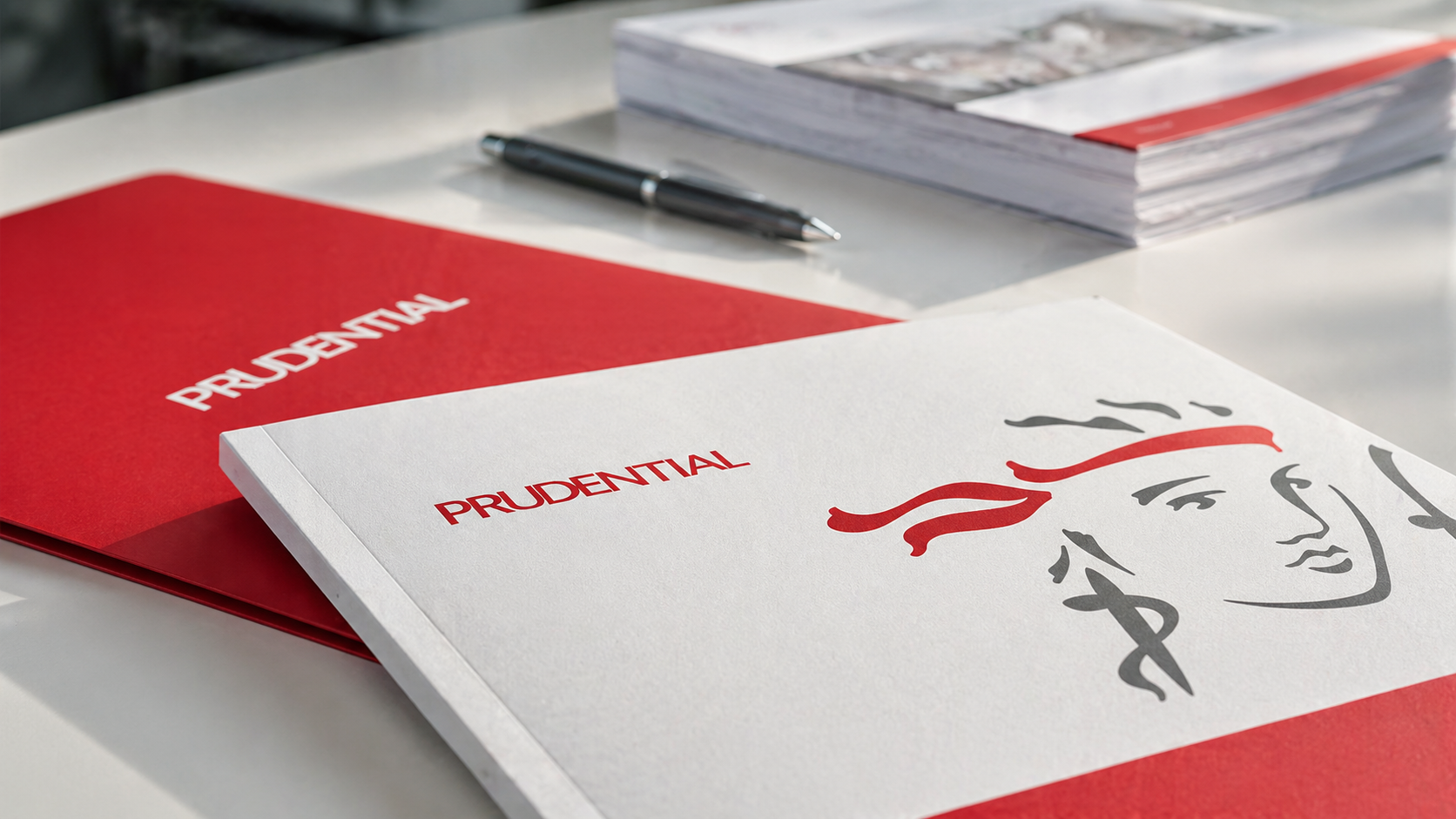 The image features a close-up of stationery items branded with the Prudential logo, including a folder and a document. A pen is also visible on the table, indicating a business or financial theme.