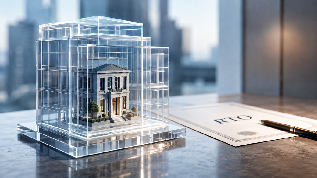 The image depicts a detailed architectural model of a building encased in a transparent structure, resting on a desk alongside an official document. A modern city skyline can be seen in the background, suggesting a setting related to real estate or urban development.