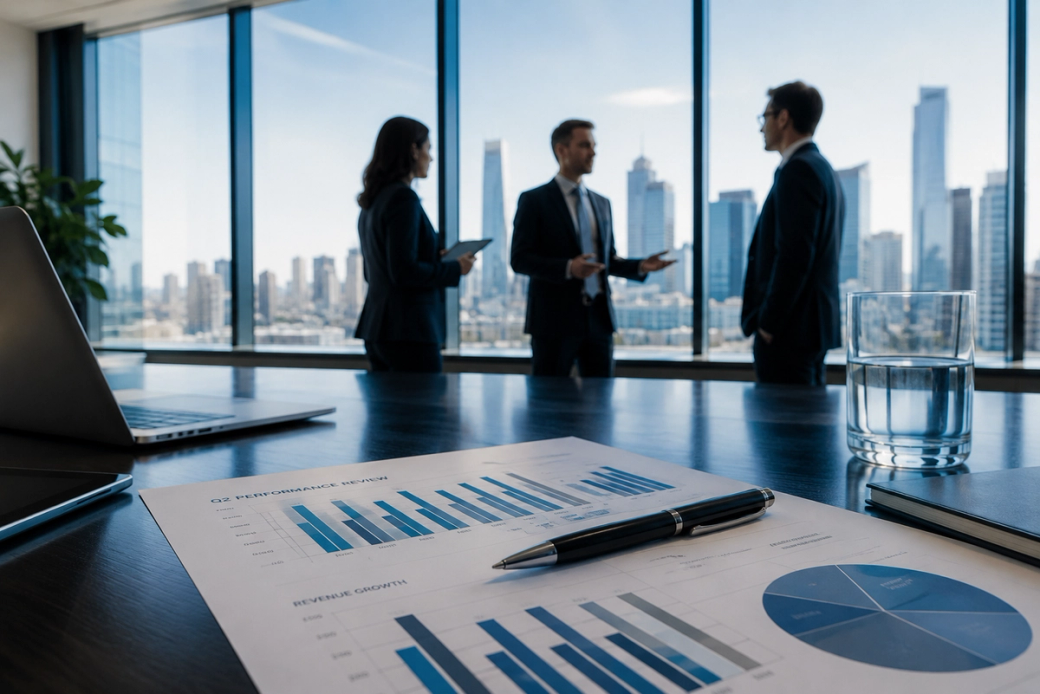 The image depicts a modern office meeting where three professionals engage in a discussion against a backdrop of a city skyline. On the desk, financial charts and graphs are visible, suggesting a focus on business performance and growth.