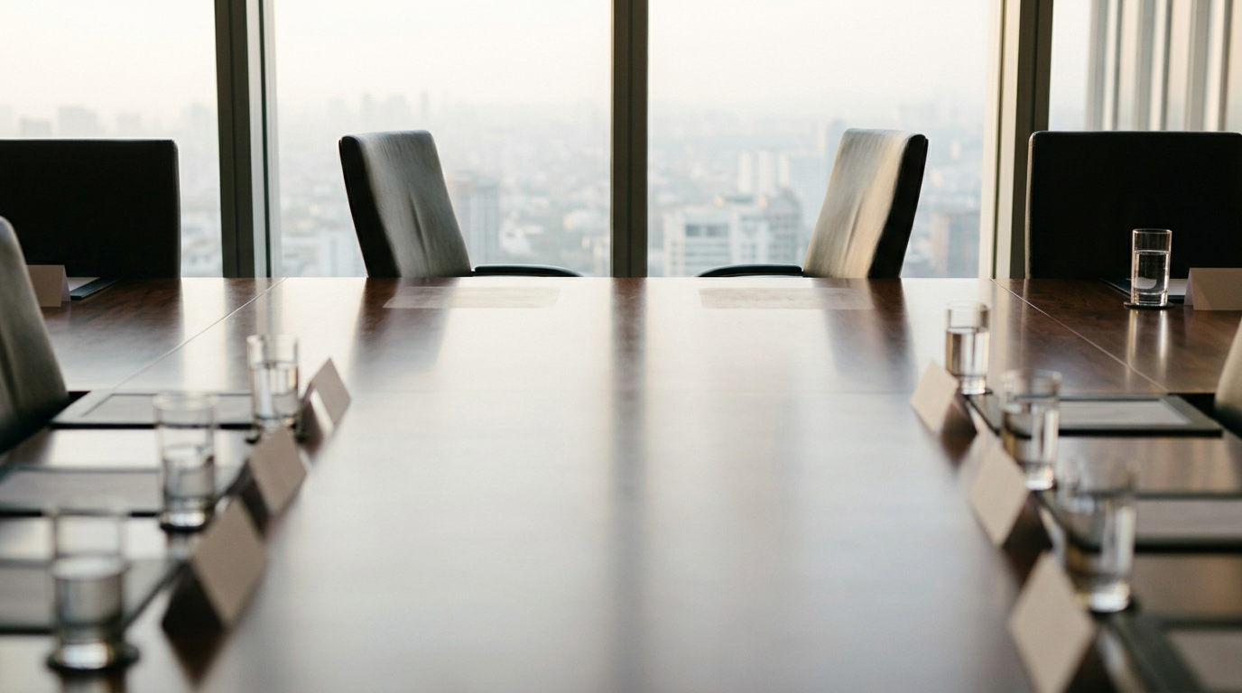 The image depicts a long boardroom table set for an upcoming meeting, with leather chairs neatly arranged around it. Two chairs at one end are pulled back and appear vacant, suggesting a recent reorganization or transition, while the other chairs remain in place with name placards and glasses of water, illuminated by warm afternoon light filtering through tall windows.