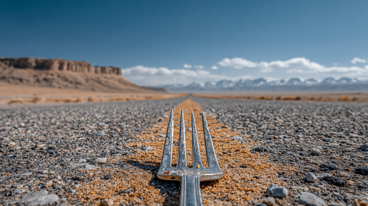 The image depicts a solitary fork placed on a gravel road that stretches into the distance, flanked by a stark natural landscape featuring mountains in the background. The sky is clear with wispy clouds, creating a contrasting backdrop.