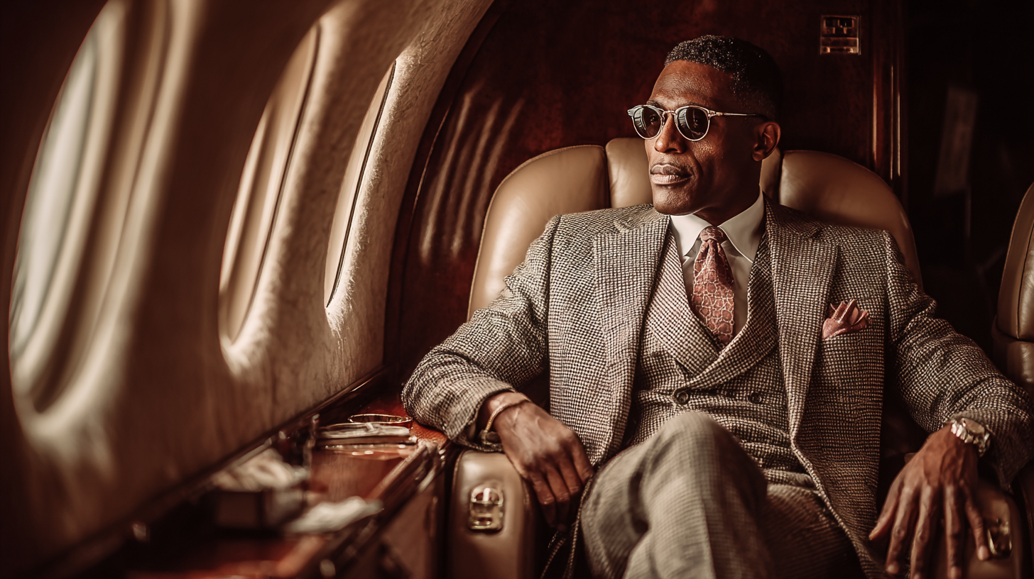 A sophisticated man dressed in a tailored suit and sunglasses sits confidently in a plush interior of a private jet. The warm lighting accentuates the luxurious environment, reflecting affluence and style.