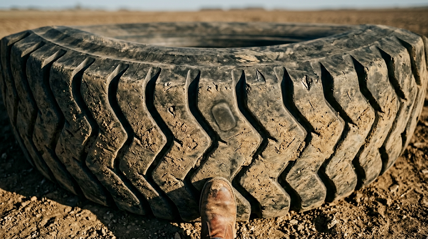 The image features a massive haul truck tyre, positioned upright on bare earth, dominating the frame to emphasize its size and texture. A person's boot is visible at the base of the tyre, providing a sense of scale, while the deep chevron tread pattern and embedded imperfections highlight its ruggedness, illustrating themes of mining and extraction.