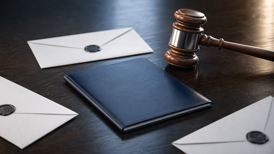 The image displays a wooden gavel next to a blue notebook and several sealed envelopes on a dark wooden surface, suggesting a legal or judicial context. The composition reflects elements typical of a courtroom or legal office setting.