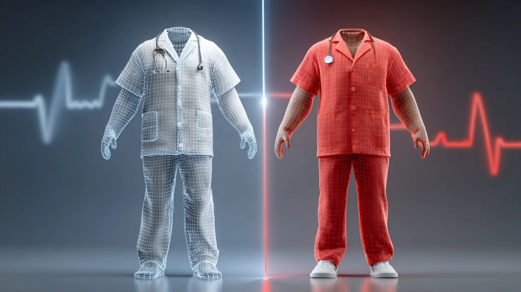 The image features two holographic representations of medical professionals: one dressed in a white gown with a stethoscope, representing a healthcare worker, and the other in a red outfit, suggesting an emergency or urgent care context. A stylized heartbeat line divides the two figures, emphasizing the medical theme.