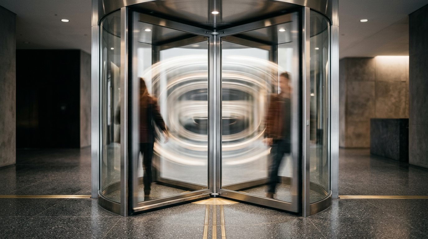 The image depicts a long exposure photograph of a revolving door, where the glass panels and metal frame create smooth, blurred arcs indicative of motion. Figures are faintly suggested within the blur, highlighting the theme of constant arrivals and departures in a stark, polished lobby with a dark stone floor and brass threshold.