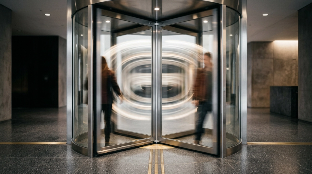 The image depicts a long exposure photograph of a revolving door, where the glass panels and metal frame create smooth, blurred arcs indicative of motion. Figures are faintly suggested within the blur, highlighting the theme of constant arrivals and departures in a stark, polished lobby with a dark stone floor and brass threshold.