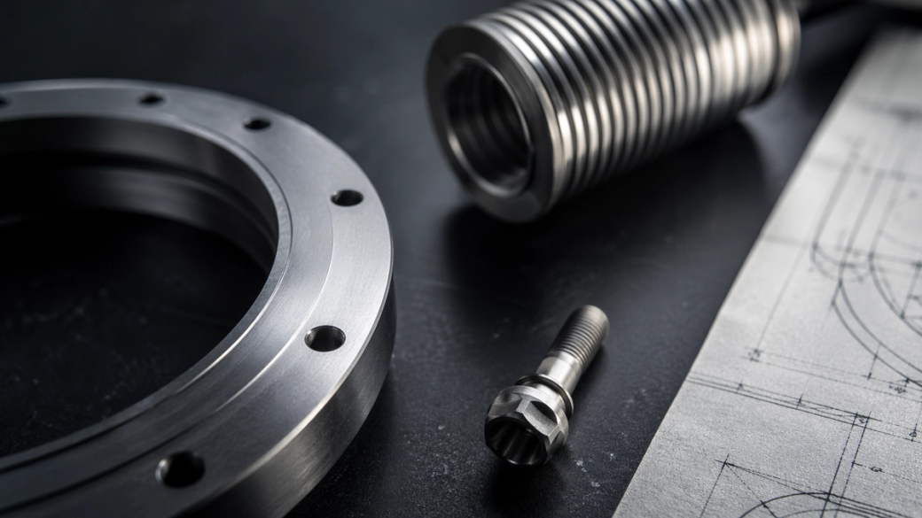 The image features industrial metal components including a circular flange, a threaded rod, and a bolt, set against a dark background. Additionally, there is a technical drawing of a mechanical part partially visible, indicating engineering design.