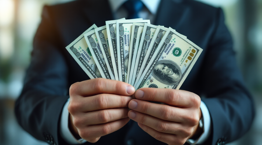 A well-dressed man is holding a fan of several hundred dollar bills in his hands. The background features a blurred office setting, suggesting a financial environment.