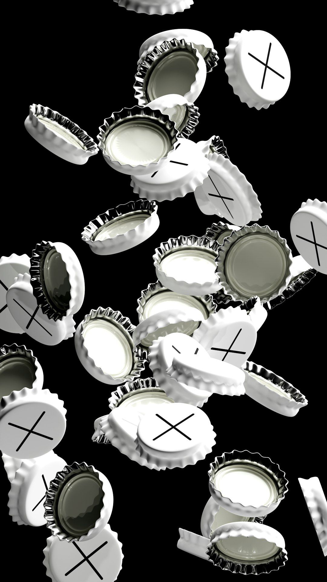 A bunch of bottle caps with crosses on them
