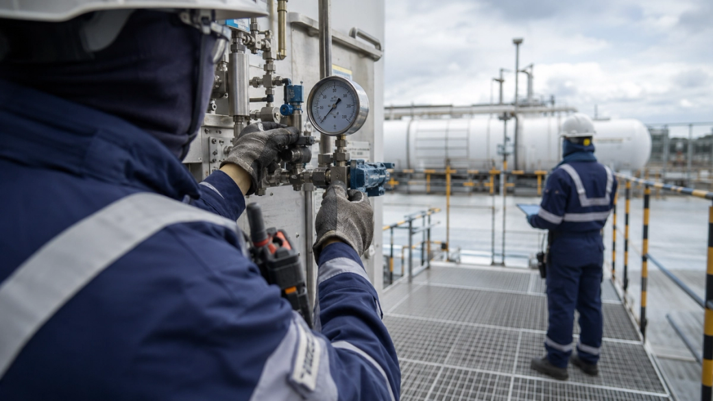 The image depicts two industrial workers in safety gear engaged in a task at a facility near large storage tanks. One worker is operating equipment while the other is monitoring the area, showcasing a moment of teamwork in a high-stakes environment.