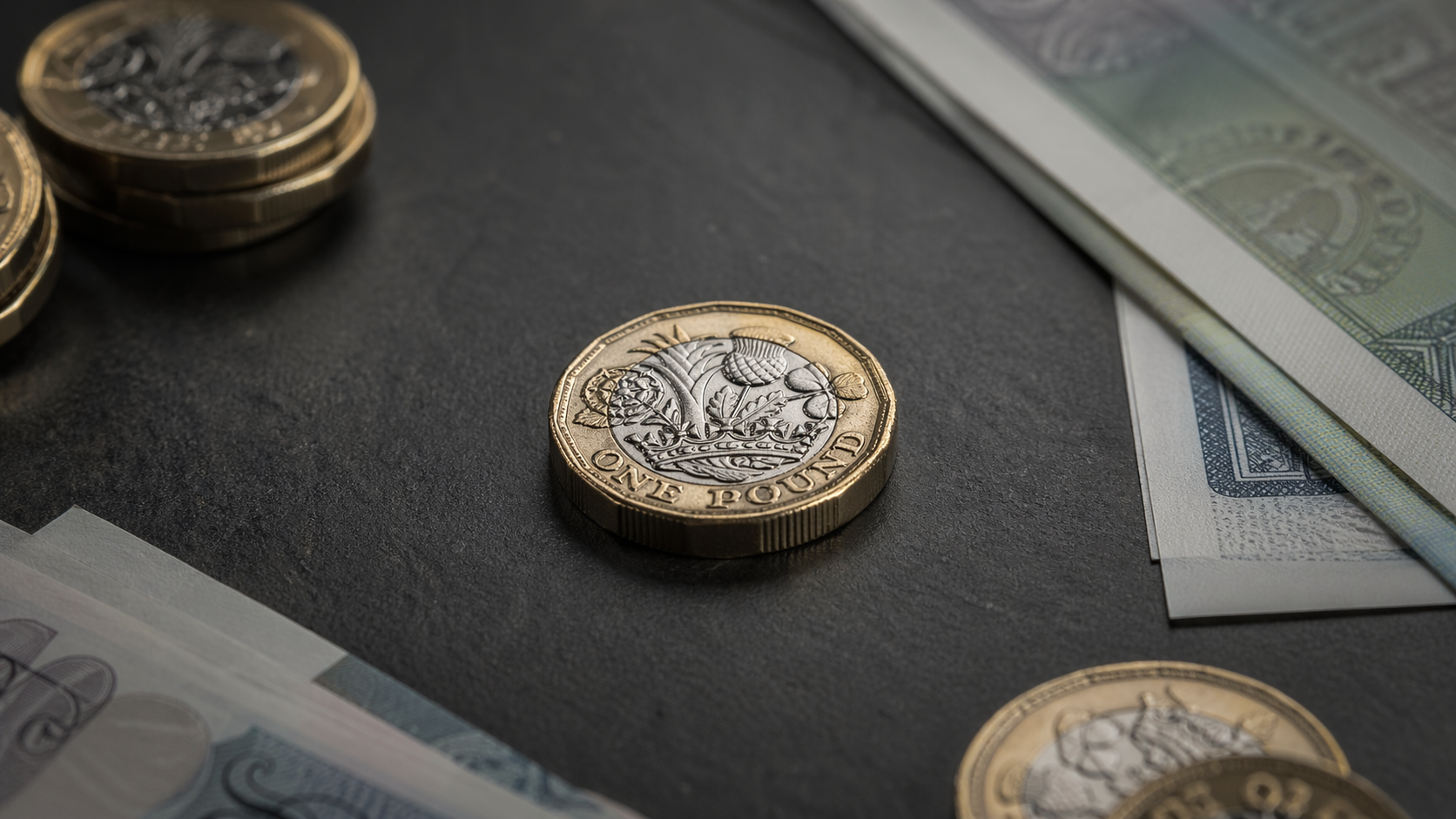 The image features a close-up view of a one-pound coin placed on a dark surface, surrounded by various denominations of paper currency and additional coins. The composition highlights the details of the coin alongside the notes, emphasizing currency.
