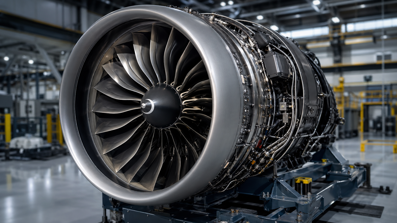 The image depicts a close-up view of a large jet engine, showcasing its intricate design and engineering details. The background features a modern industrial setting, highlighting a clean and organized manufacturing environment.