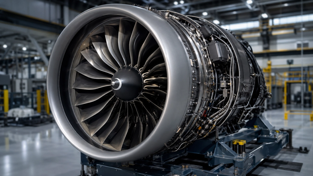 The image depicts a close-up view of a large jet engine, showcasing its intricate design and engineering details. The background features a modern industrial setting, highlighting a clean and organized manufacturing environment.