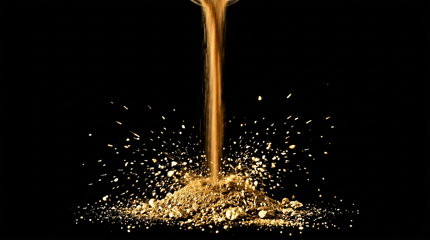 The image presents a detailed freeze-frame of fine gold dust being poured from above onto a small mound of coarser gold materials below. The falling dust creates a striking inward splash upon impact, with individual particles suspended mid-air against a pure black background, showcasing the dynamic and elemental nature of gold.