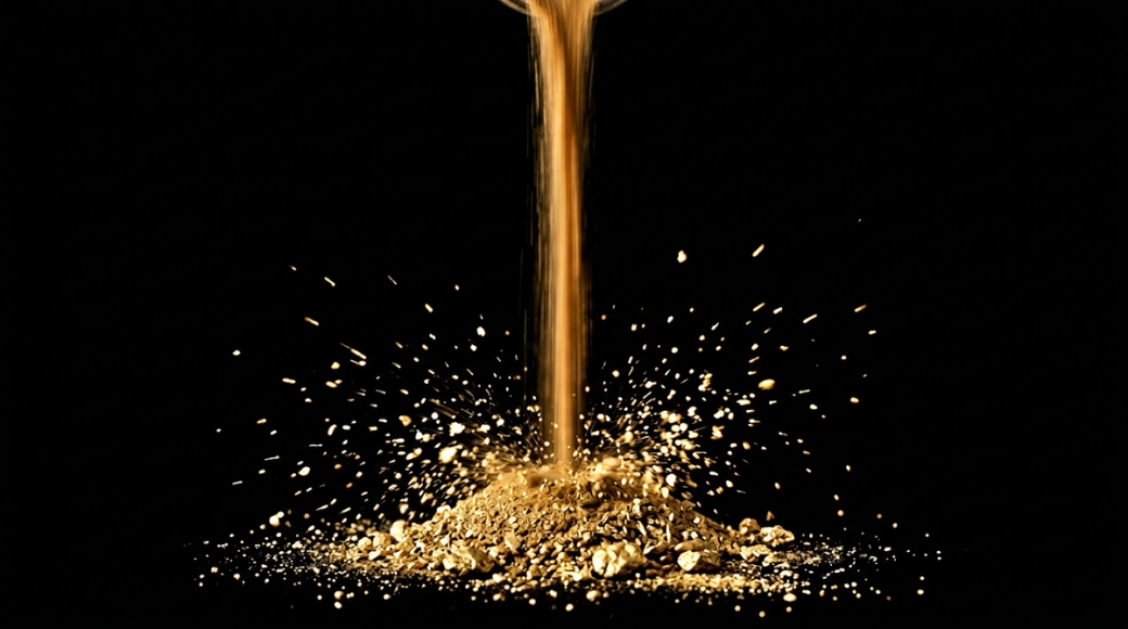 The image presents a detailed freeze-frame of fine gold dust being poured from above onto a small mound of coarser gold materials below. The falling dust creates a striking inward splash upon impact, with individual particles suspended mid-air against a pure black background, showcasing the dynamic and elemental nature of gold.