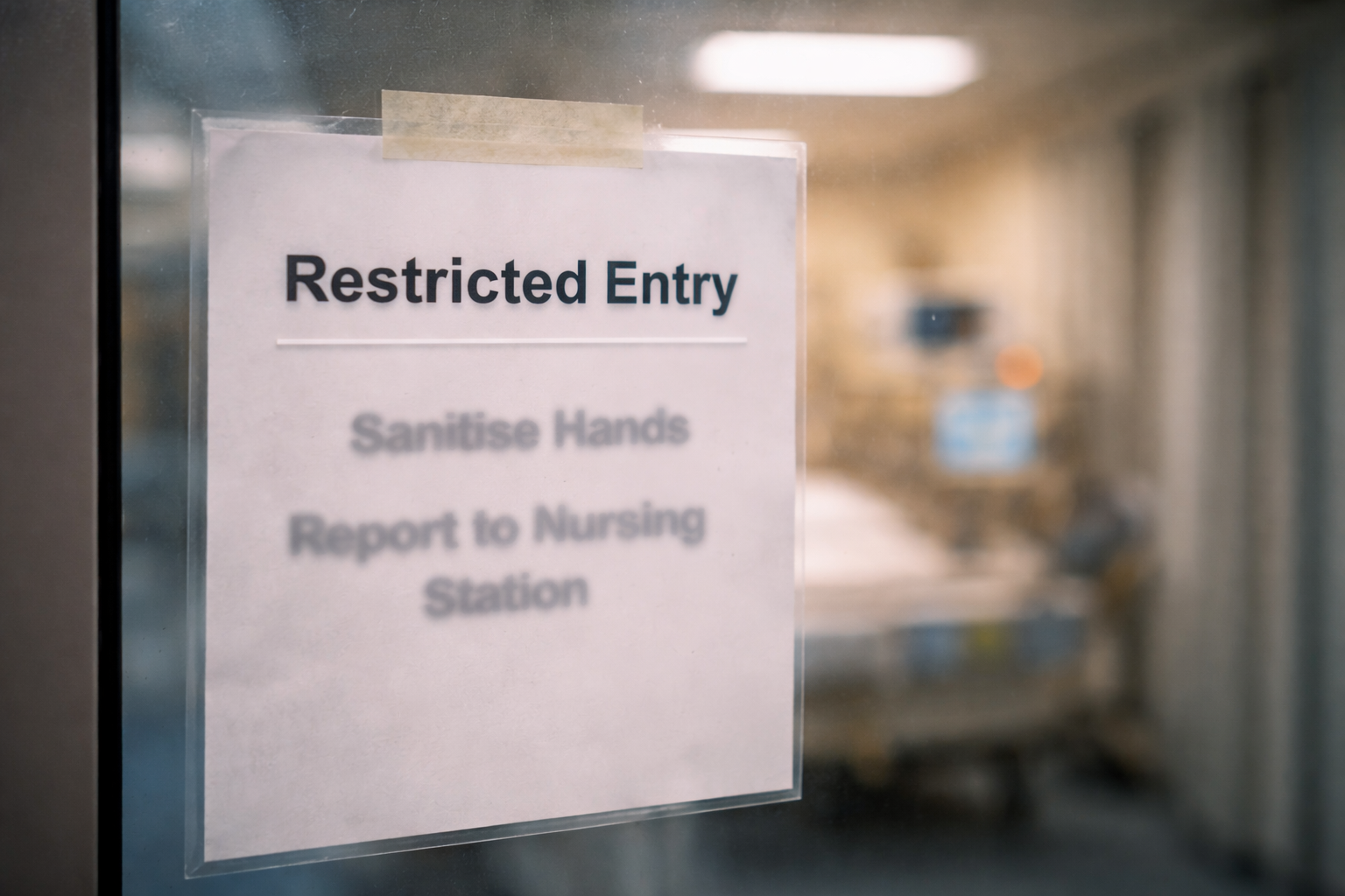 The image shows a sign on a door indicating 'Restricted Entry' with instructions to sanitize hands and report to the nursing station. The background hints at a hospital setting with a patient's bed visible.